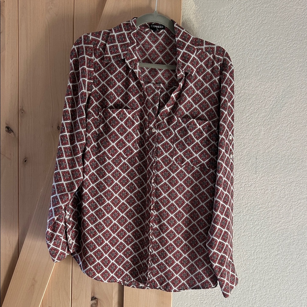 Express Red and White Geometric Shirt
